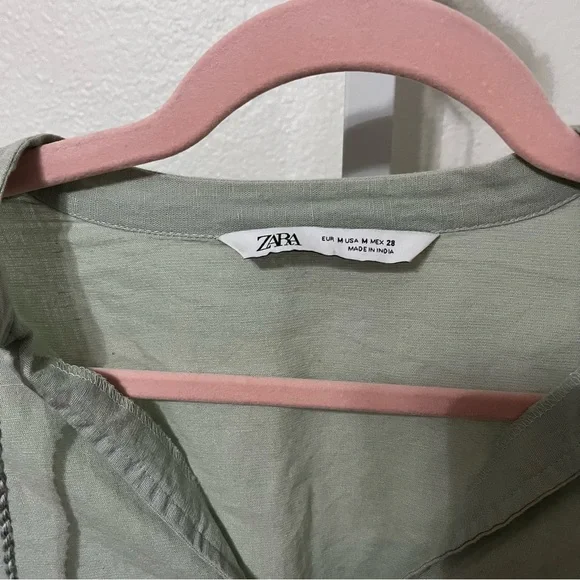 Zara Sage Green Linen Blend Eyelet Tassel Mini Dress Womens Medium - Picture 4 of 11